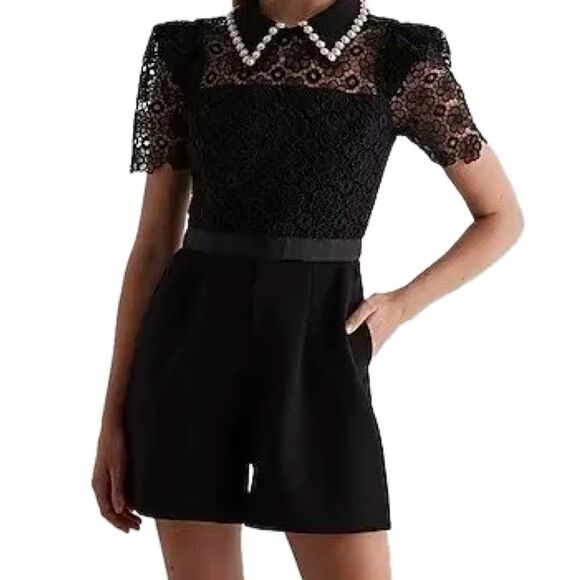 Express Daisy Eyelet Lace Rhinestone Color Embellishment Puff Sleeve Polo Romper - Picture 1 of 12